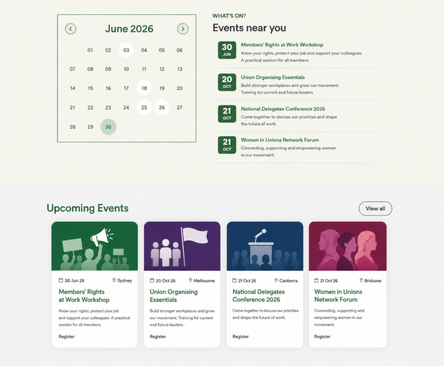 Displays dynamic content in iMIS e.g. events in nicely styled calendar, list view on the right with dates, title and a bit of info copy, at the bottom display events images with title and copy