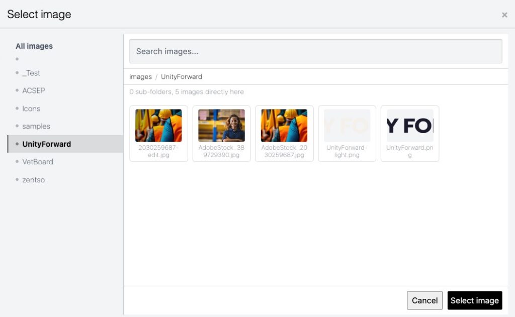 Images browser displaying assets from iMIS and other sources