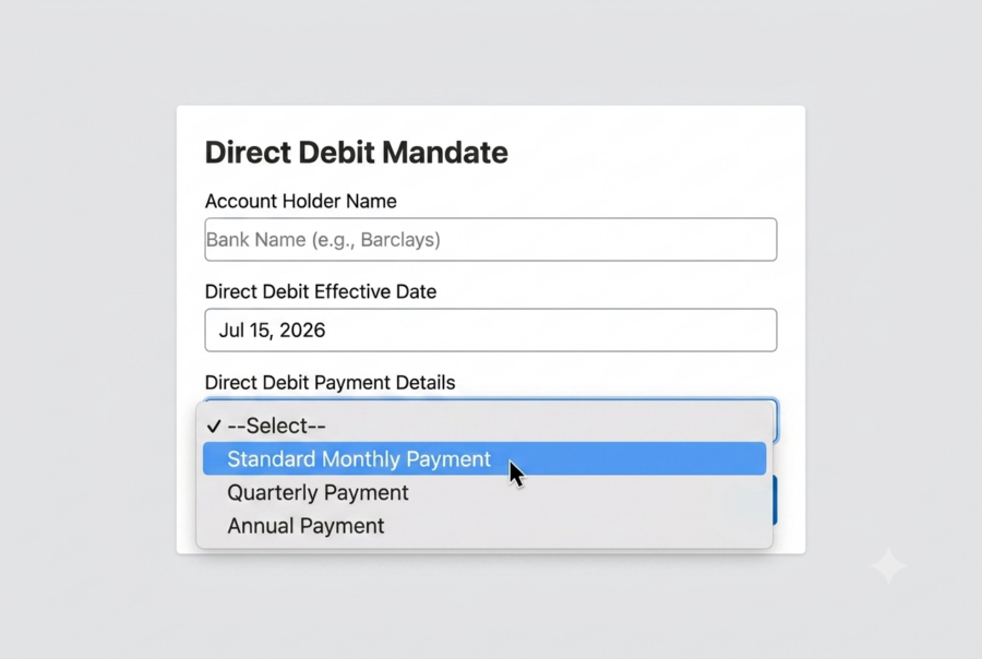 Screenshot of a Direct Debit Mandate Creation form on Renewalz. To manage member renewals on Salesforce